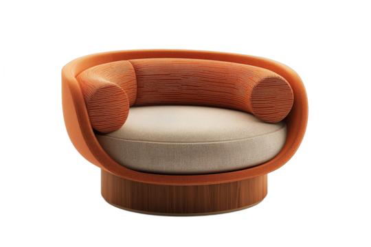 Modern orange fabric lounge chair with wooden base isolated on white background 3D rendering