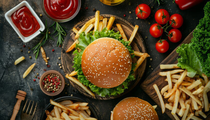 French fries and burgers fast food background, top view