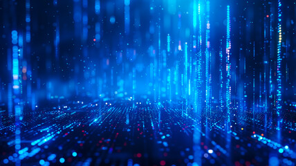 Glowing blue digital binary code. Modern information infrastructure, technology background