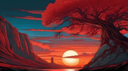 Sunset Over Mountains and Sea with Vibrant Colors