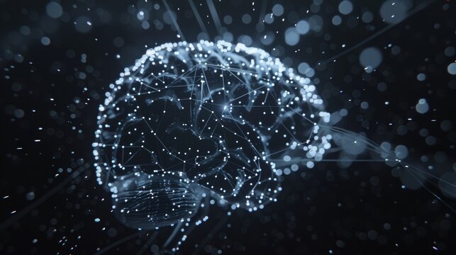a modern high tech transparent 3d brain illustration with neural pathways glowing inside made out of tiny white particles