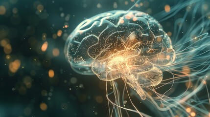 Fototapeta premium a modern high tech transparent 3d brain illustration with neural pathways glowing inside made out of tiny white particles