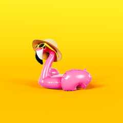 Pink flamingo with sunglasses and hat on vibrant yellow summer background. 3D Rendering, 3D Illustration