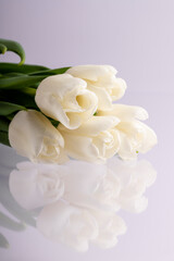 A beautiful display of white flowers are mirrored back in a reflection