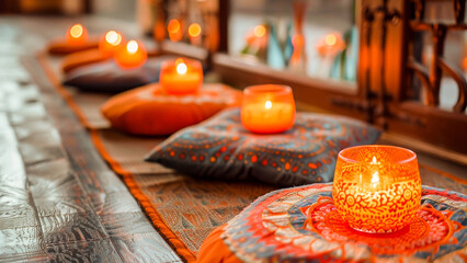 A calming space with cozy candles and pillows arranged for relaxation or meditation. Perfect for wellness or interior decor themes.