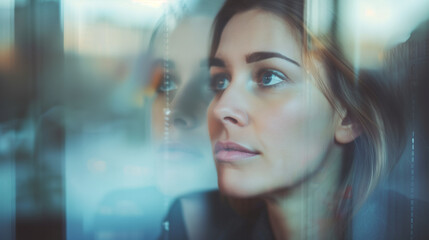 Pensive Businesswoman Looking Through the Office Window. A thoughtful businesswoman gazes out of an office window at the city skyline during sunset