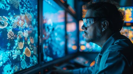 Engineer in a control room monitoring the underwater installation of fiber optic cables, overlaid with oceanic scenes