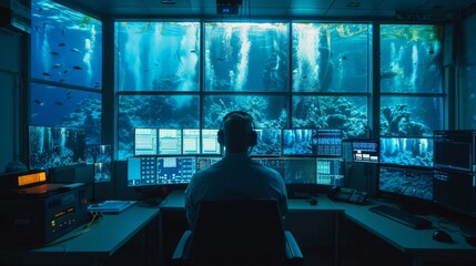 Engineer in a control room overseeing the underwater installation of fiber optic cables, combined with underwater cable visuals