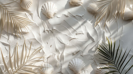 white texture background with shells and plants, plaster figures, bas-relief, architecture, wallpaper, wall, design, decor, interior, apartment, waves, marine style, place for text, layout, blank