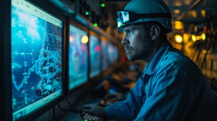 Obraz premium Engineer monitoring fiber optic cable installation from a ship's control room, combined with underwater cable visuals