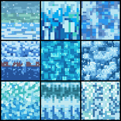 Vector snow, ice and water pixel blocks background pattern. Retro console game level cubic pixel texture. Computer 8 bit 80s arcade