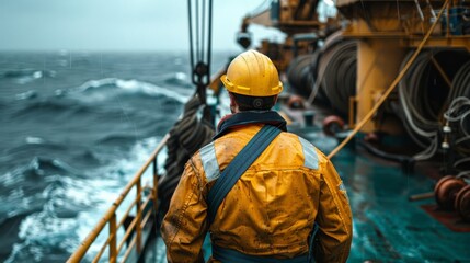 Engineer on a ship deck overseeing the installation of underwater fiber optic cables