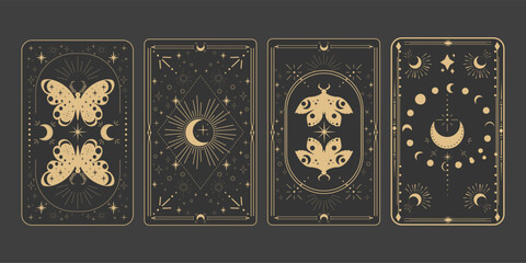 Tarot reverce border magic sacred cover card frame gold line border celelstial mystery esoteric decoration with moth stars and moon on dark background.