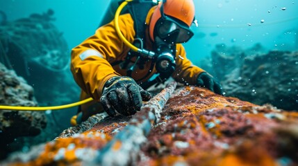 Engineer using advanced equipment to lay fiber optic cables underwater