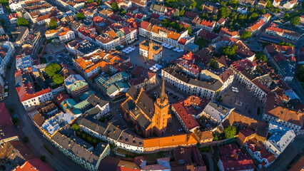 Picturesque cityscape of Old Town Cathedral and market square in Tarnow, Lesser Poland. Aerial drone view