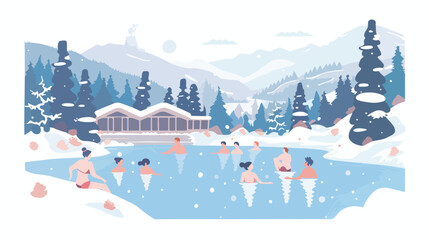 Happy people relaxing and bathing in hot thermal spring