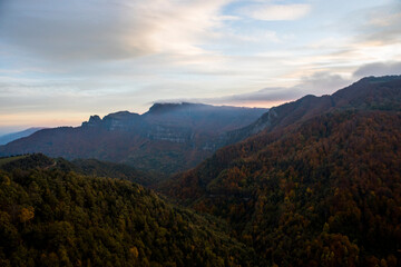 Fototapeta premium Autumn sunset in Puigsacalm peak, La Garrotxa, Spain