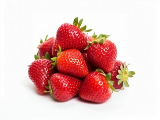 Pile of ripe, red strawberries standing against a white background