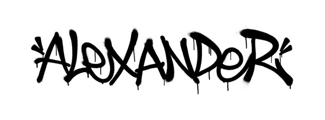 Sprayed Alexander name with overspray in black over white. Vector illustration.