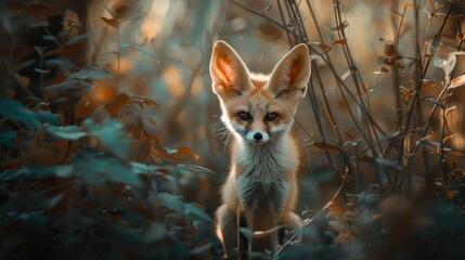 Naklejka premium A small fox standing in a forest. Suitable for wildlife and nature themes