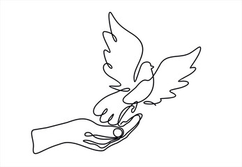 Continuous line drawing hands with flying free bird. Peace linear symbol. Vector hand drawn illustration isolated on white.