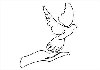 Naklejka premium Continuous line drawing hands with flying free bird. Peace linear symbol. Vector hand drawn illustration isolated on white.