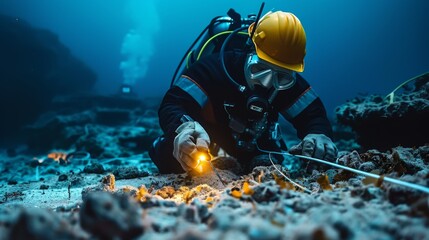 High-detail photo of an engineer securing fiber optic cables on the ocean floor