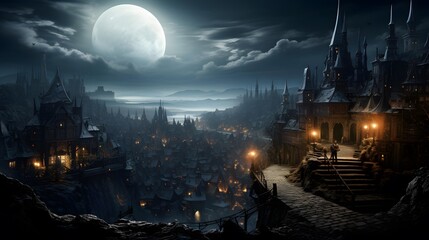 Panoramic view of the old city at night with full moon