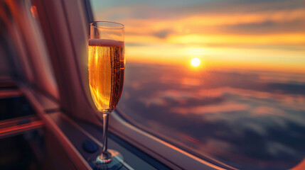 Obraz premium Champagne Glass with Sunset View from Airplane Window