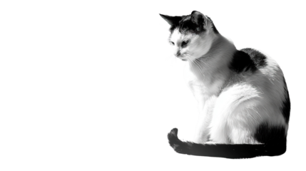 Black and white cat sitting on a transparent background