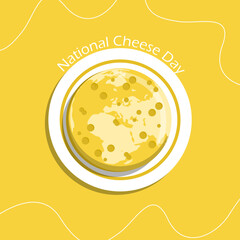 National Cheese Day event banner. A whole round cheese with an image of the earth served on a white plate on light orange background to celebrate on June 4th