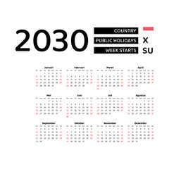 Calendar 2030 Indonesian language with Indonesia public holidays. Week starts from Sunday. Graphic design vector illustration.