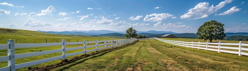 The image shows a beautiful green field with a long white fence in the foreground and mountains in the background. The sky is blue and there are some white clouds in the sky.