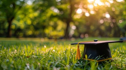 The image shows a black graduation cap on the green grass. The background is blurred, and the sun is shining brightly. The image symbolizes the joy and hope of graduation day.
