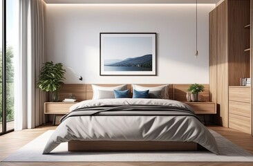 Light modern bedroom with natural wooden furniture.