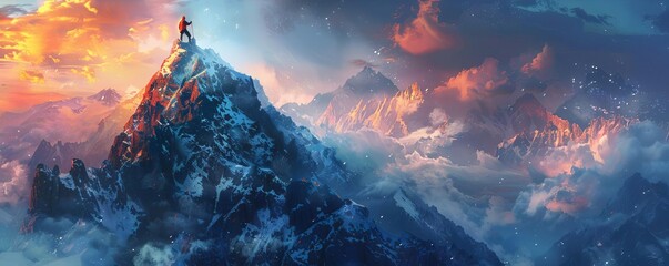 The image shows a majestic mountain range with a vibrant sky and a person standing on the peak. The scene is both beautiful and inspiring, and it evokes a sense of wonder and awe. - Powered by Adobe