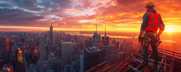 Naklejka premium The image shows a man standing on a rooftop overlooking a city