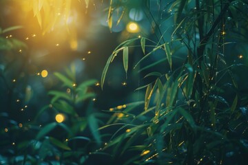 Close up of a plant with fireflies in the background. Great for nature and magical themed designs