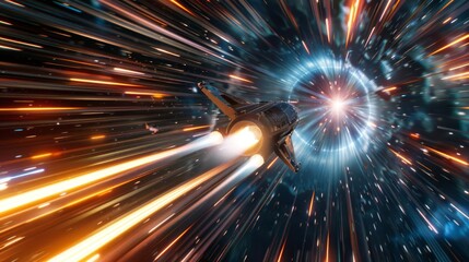 The image shows a spaceship traveling through a wormhole