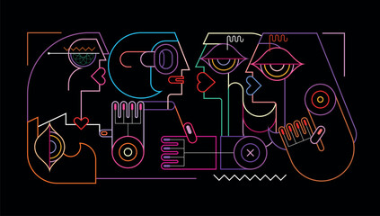 Neon colors isolated on a black background Women vector illustration. Four beautiful women talking with each other.