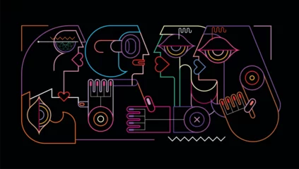 Neon colors isolated on a black background Women vector illustration. Four beautiful women talking with each other.