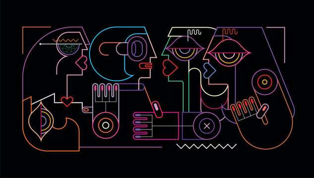 Neon colors isolated on a black background Women vector illustration. Four beautiful women talking with each other.