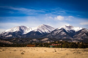 Scenic view of a lush, dry grass field with snow-capped mountains in the background