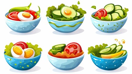 Cartoon set of salad bowls with flying ingredients, lettuce, tomato, cucumber slices, pepper, egg and sauce for lunch or dinner.