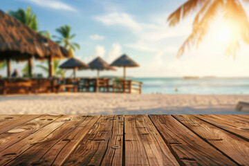 Fototapeta premium Wooden table top set against backdrop of tropical palm trees and sandy beach with thatched umbrellas in summer day