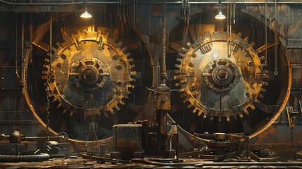 Fototapeta premium Industrial scene with oil stained machinery and tools scattered around The backdrop