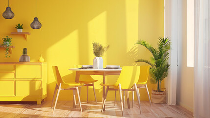 Interior of bright yellow dining room with table 