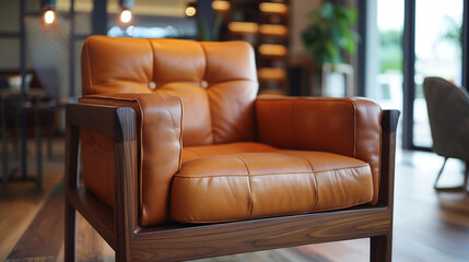 Luxurious brown leather armchair in cozy living room