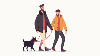 Homosexual male couple holding hands walking with dog