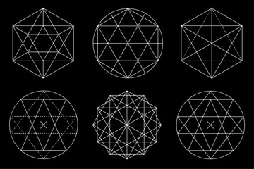 Sacred geometry vector design elements. Alchemy, religion, philosophy, spirituality, hipster symbols and elements isolated on black background. Vector illustration